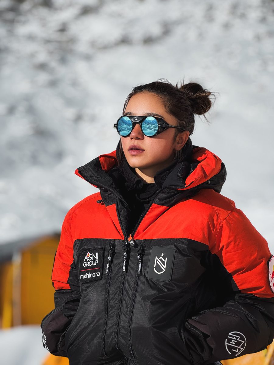 Portrait of Kabita Nepali in mountaineering gear and glacier glasses